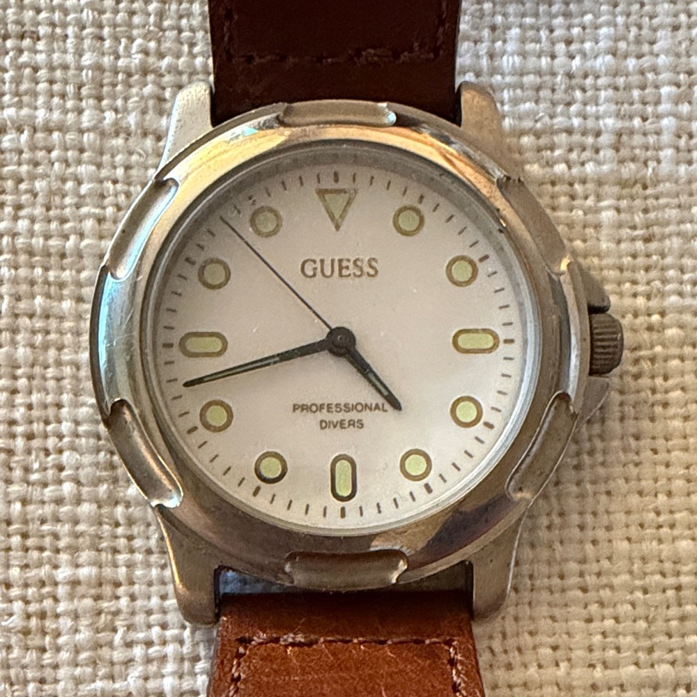 Guess Silver Case Watch with Brown Strap